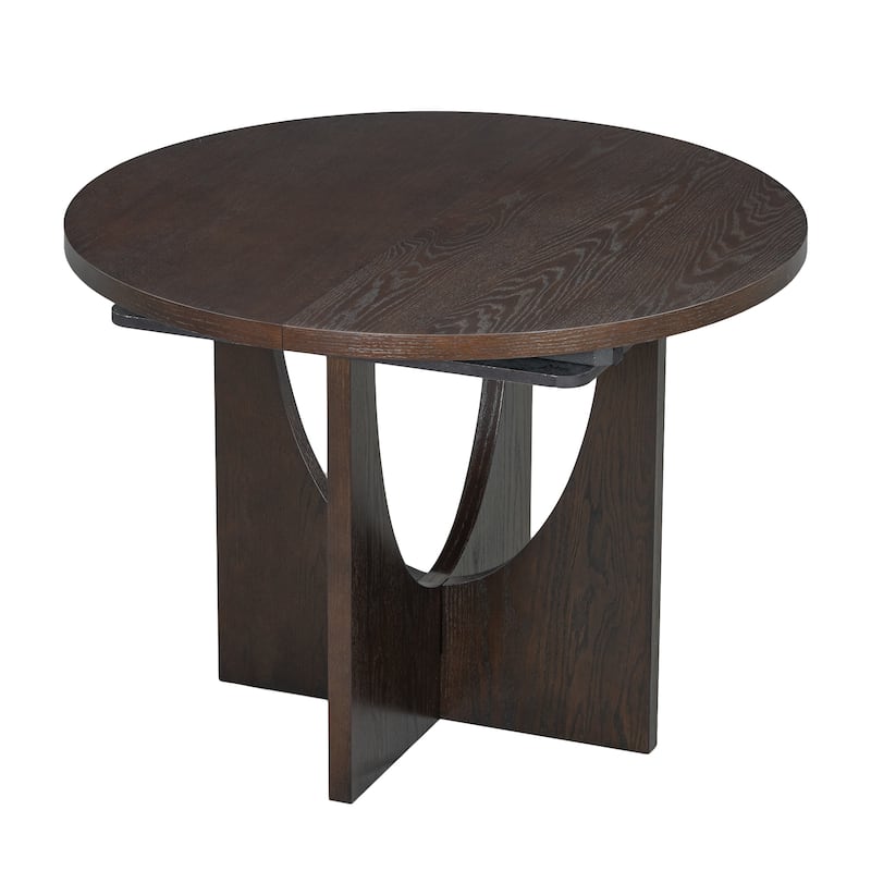 5 Piece Functional Dining Set, Wood Extendable Round Dining Table Set with Removable Leaf and 4 Upholstered Chairs