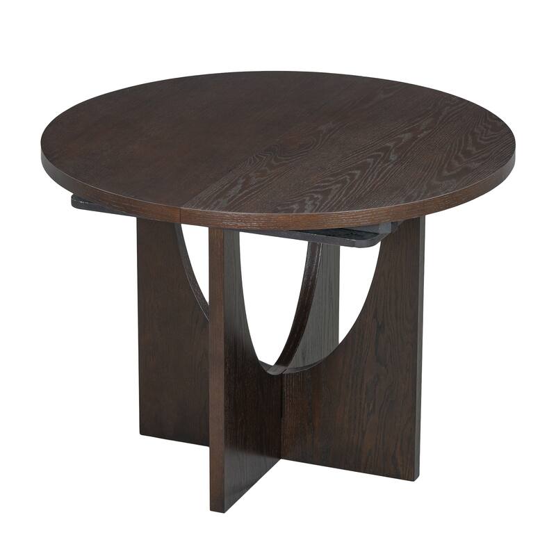 Elegant Round Dining Table with Extendable Table, Coffee Bar Table and Chair Set with Four Upholstered Chairs