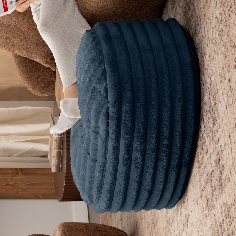 Large Plush Ribbed Faux Fur Pouf Ottoman - 35" - Midnight Blue