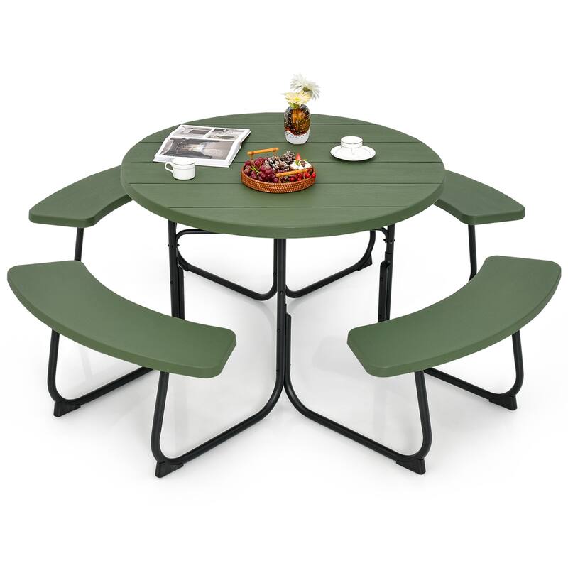 Costway Outdoor 8-person Round Picnic Table Bench Set with 4 Benches & - See Details - Green