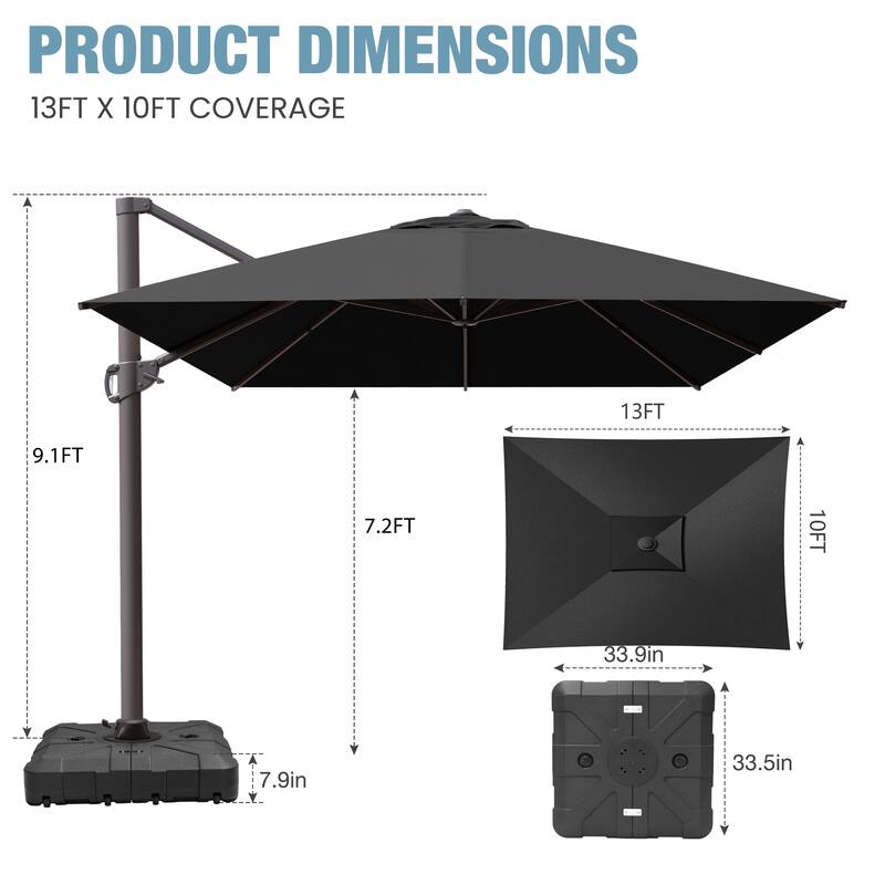 VredHom 10X13 FT Patio Outdoor Cantilever-Offset Umbrella with Base Stand