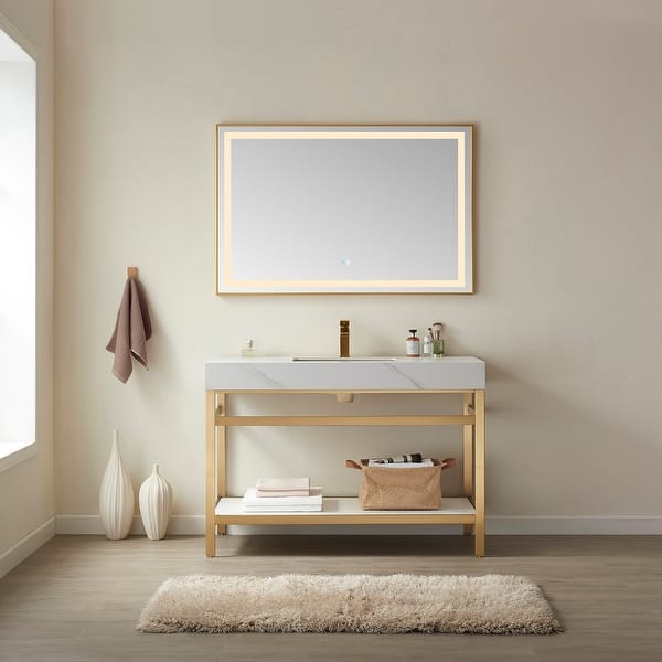 slide 2 of 8, Funes 48" Single Vanity, Metal Support with Stone Top and Mirror - 48''x22''