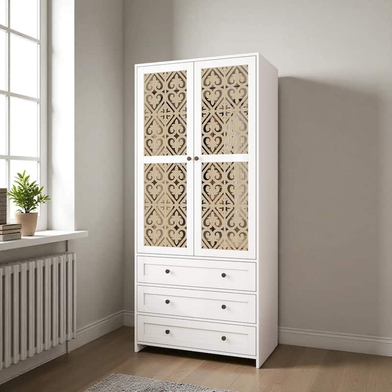 Modern 2-Door 3-Drawer Wardrobe with Hollow Pattern Wood and White Finish Closet Armoire for Bedroom Dressing Room