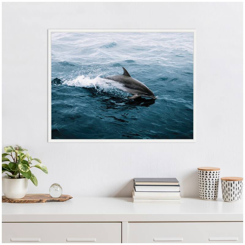 Kate and Laurel Sylvie Dolphin Skipping along in the Ocean Framed Canvas by Michael Schauer