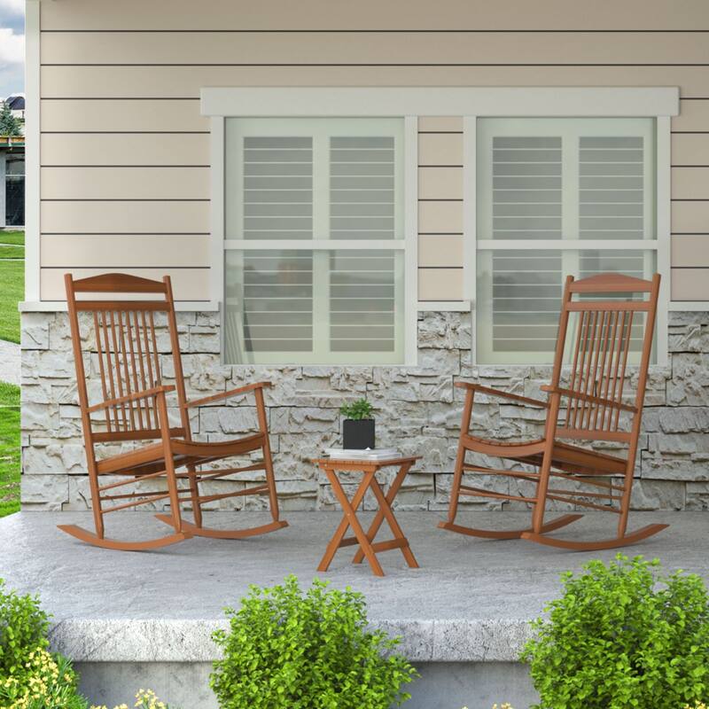 VEIKOUS 3-Piece Outdoor Rocking Chair Set with Folding Table for Patio and Porch - Natural