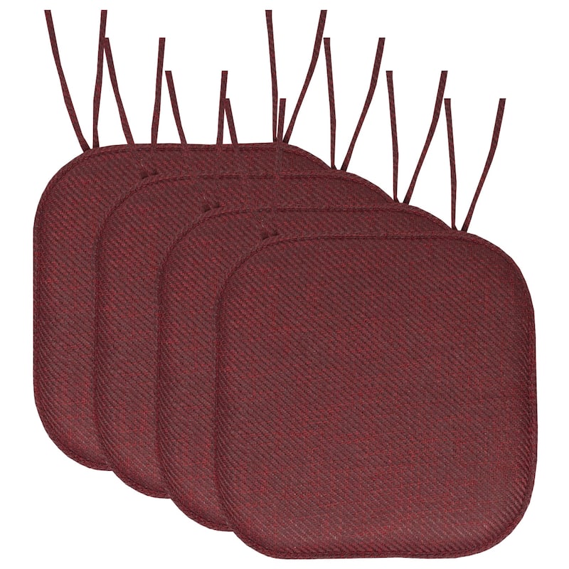 Sweet Home Collection Herringbone Stitch Memory Foam Non Slip Chair Cushion Pad with Ties 16" x 16" - Set of 4 - Burgundy