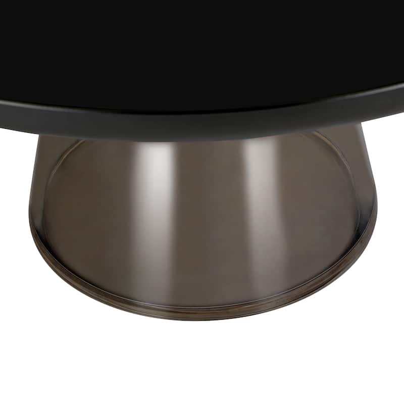 30-Inch Round Coffee Table Glass/Stone Tabletop with Black Iron Rim Frame Glass Pedestal Base