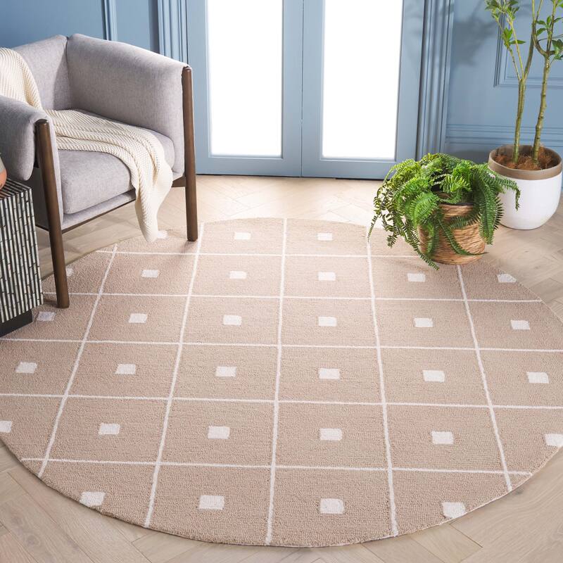 Martha Stewart by SAFAVIEH Zhivica Checkered Wool Rug - 6' Round - Beige/Ivory