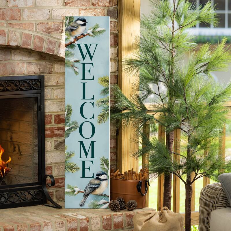 Holiday Chickadee Bird Porch Leaner, "Welcome" - 46"H - Multicolor