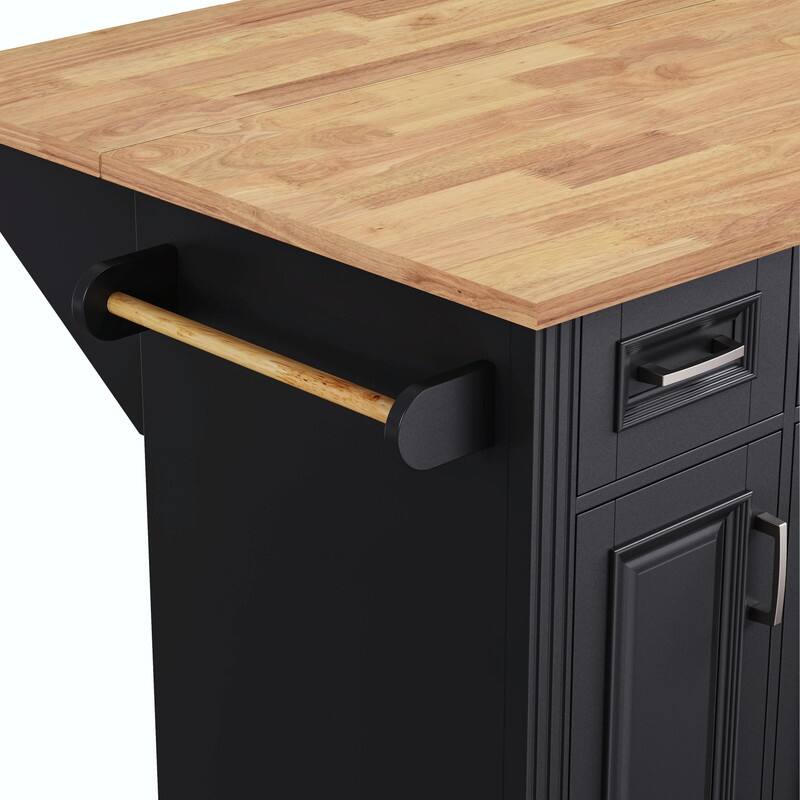 54" Rolling Kitchen Island Cart with Rubberwood Drop Leaf, 4 Doors & 3 Drawers