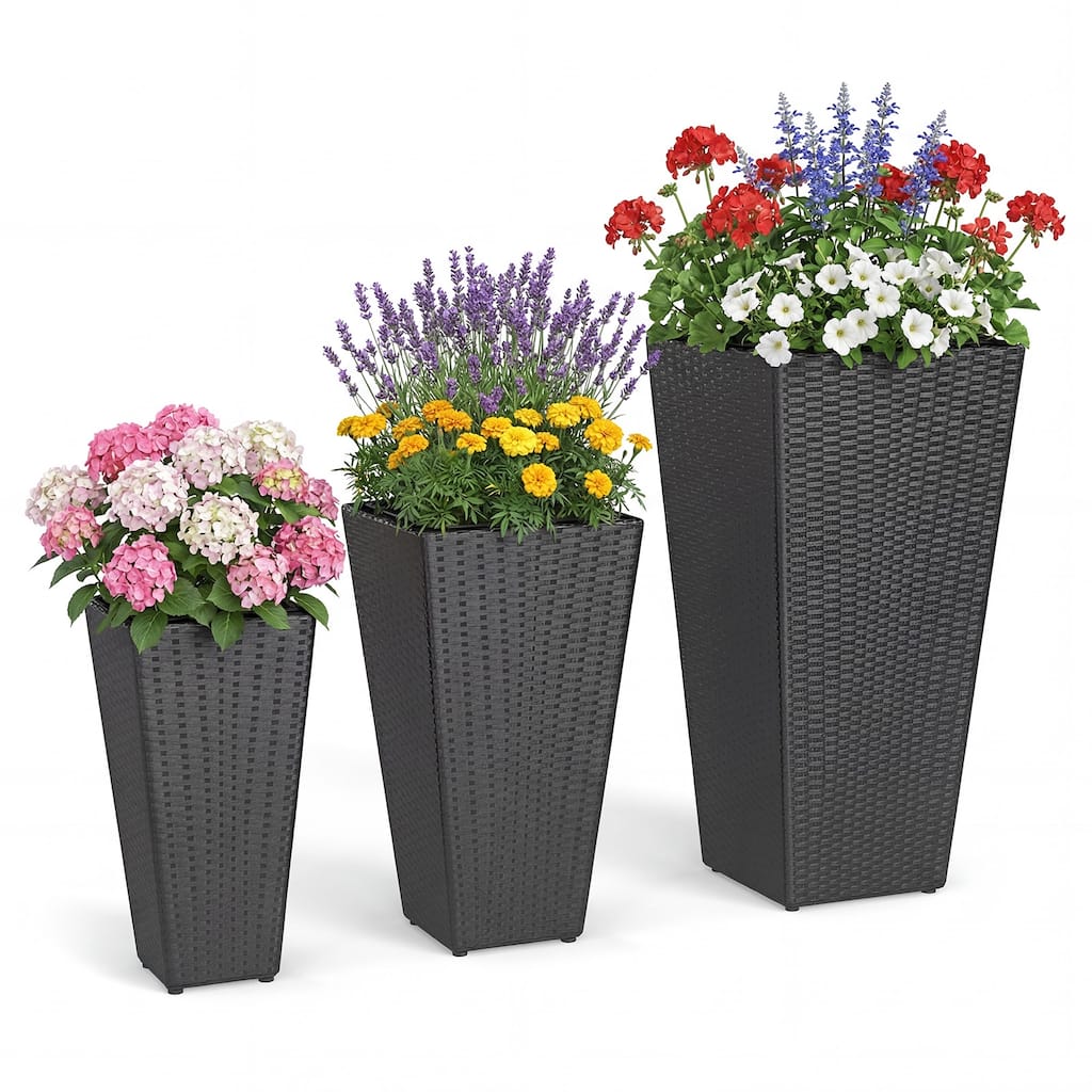 Gymax Set of 3 Rattan Plant Pots w/Removable Plastic Liners Pre-Marked
