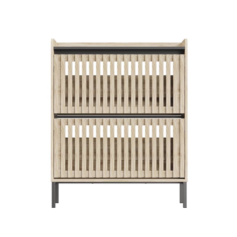 Shoe Storage Cabinet with 2 Fluted Flip Doors, Freestanding Entryway Organizer, Slim Shoe Rack with Metal Legs