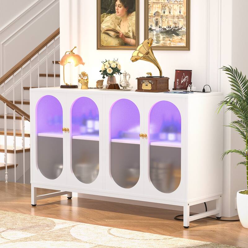 Modern Farmhouse Black Sideboard Buffet with USB Port, Black Storage Bar Cabinet with LED Light