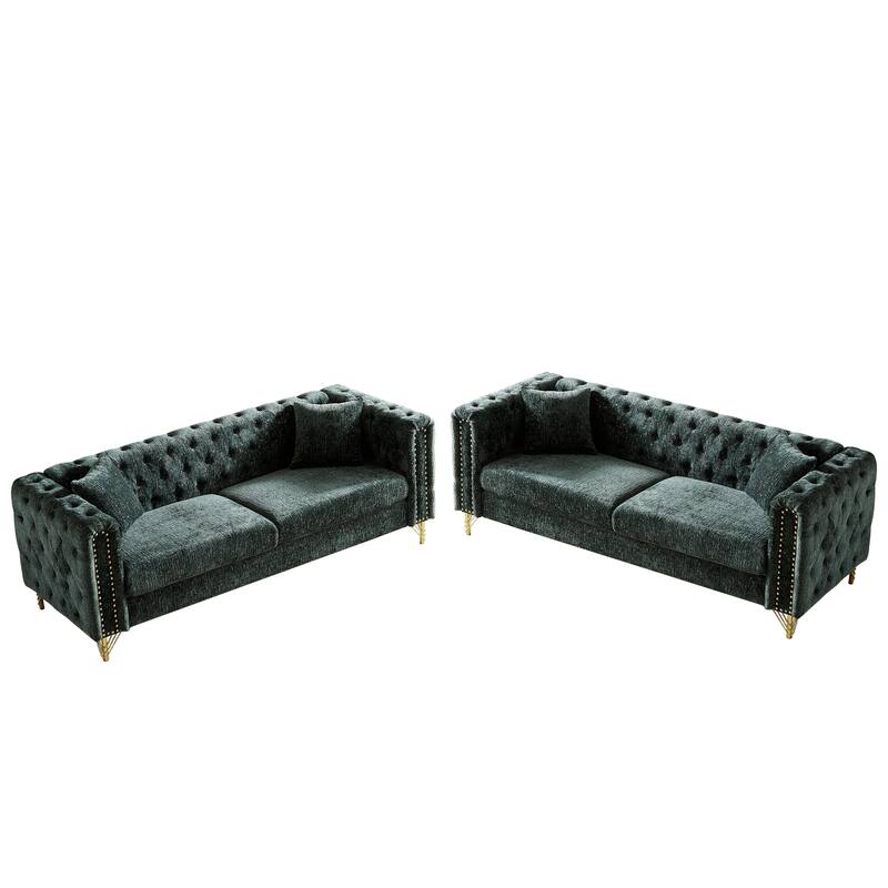 2-piece Chenille Buttons Tufted Chesterfield Nailheads Sofa Set