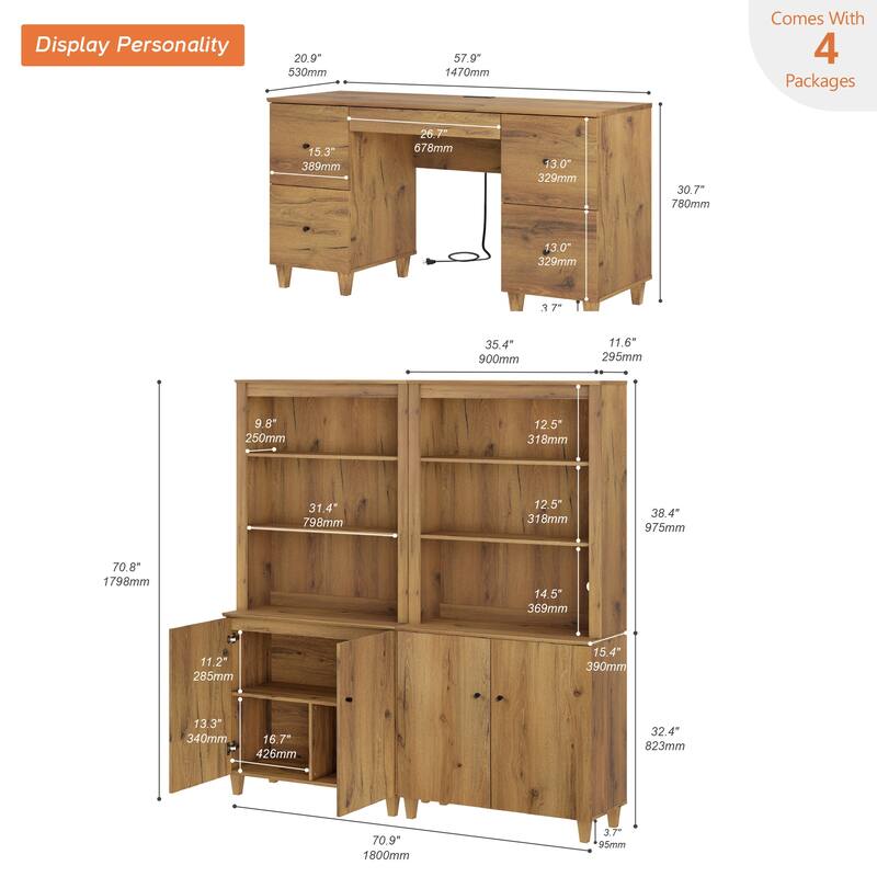 WAMPAT Home Office Furniture Set, 58" Executive Desk with Drawers, 2-Column 71" Tall Bookcase with Doors and Adjustable Shelves