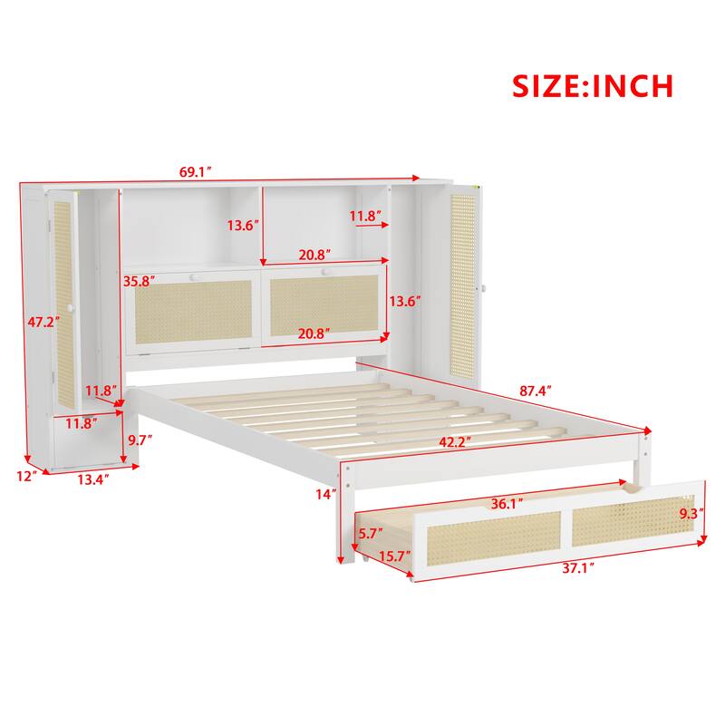 Twin Size Wooden Platform Bed with Rattan Headboard, Storage Lockers, Drawer and Shelf