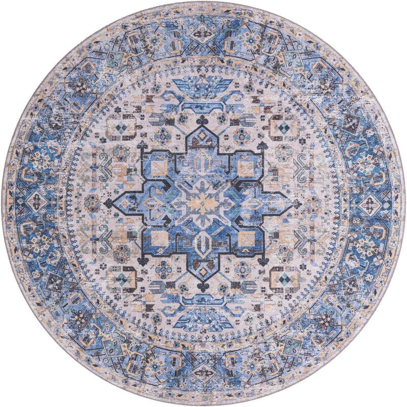 Traditional Tira Collection Area Rug - 7'10" Round - Royal Blue