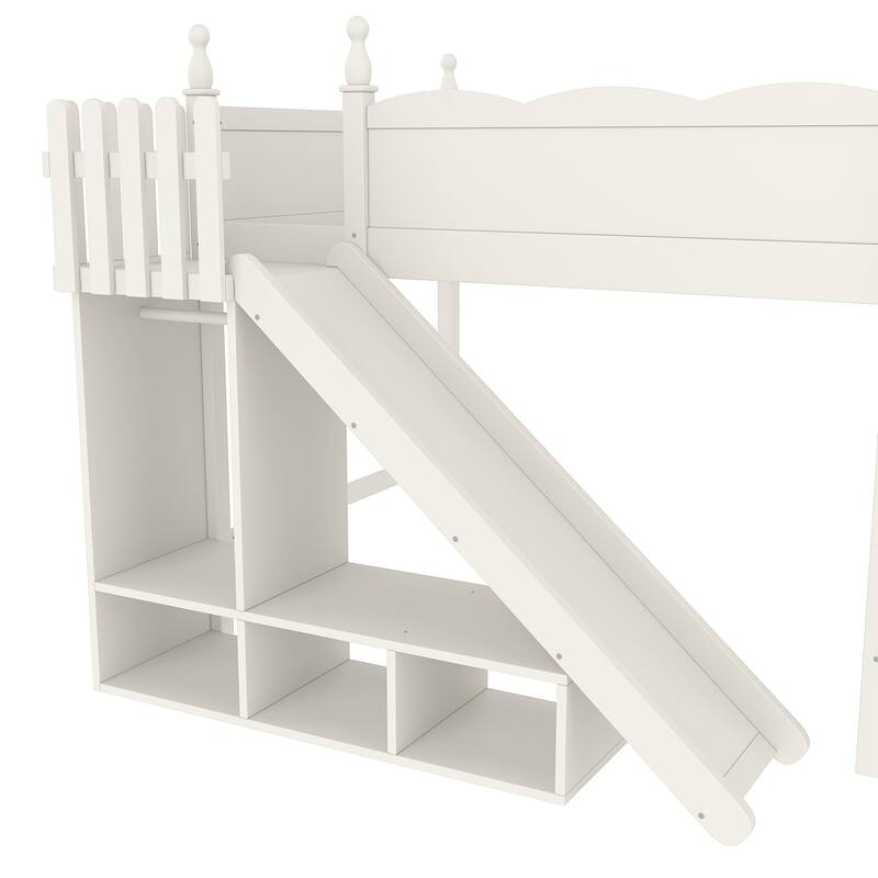 Full Loft Bed with Storage Shelves and Wardrobe, Solid Wood Loft Beds with Detachable Slide and Ladders, No Spring Box Needed
