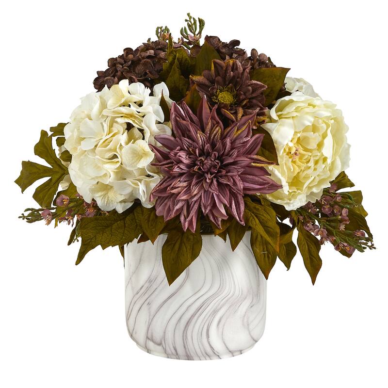 15" Peony, Hydrangea and Dahlia Arrangement in Marble Finished Vase