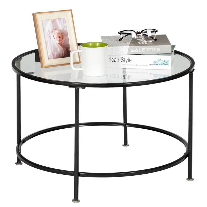 Tempered Glass Countertops Round Coffee Table End Table - Black