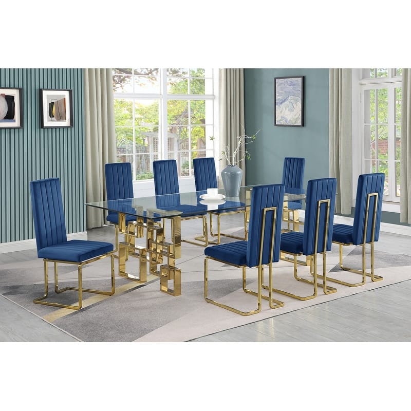 Best Quality Furniture Big Glass Dining Sets - 9pcs - Gold Chrome - Navy Blue