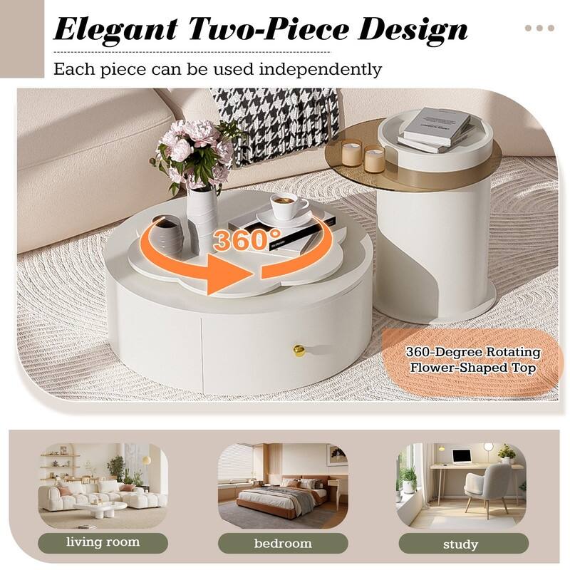 Modern Round Coffee Table Set of 2 with Rotatable Floral Top and Two Functional Drawers for Living Room