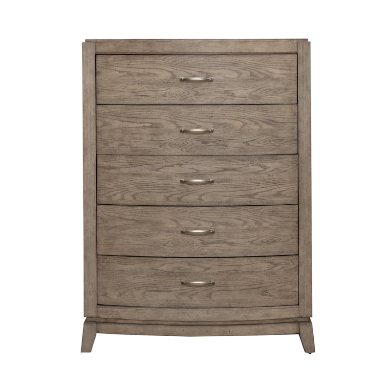 Avalon Burnished Beige Oak Upholstered Storage Bed with Dresser, Mirror, Chest Bedroom Set - King, Queen