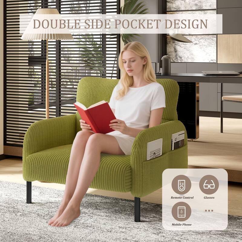 Corduroy Upholstered Single Sofa Chair, Lounge Reading Chair with Side Pockets, Armchair with Solid Wood Frame