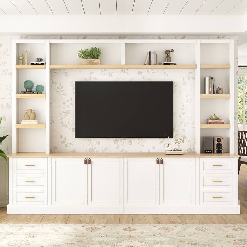 102.3"W Farmhouse 4-Piece Entertainment Center Wall Unit with Adjustable Shelf, TV Stand with Bookshelves for TVs Up to 75"