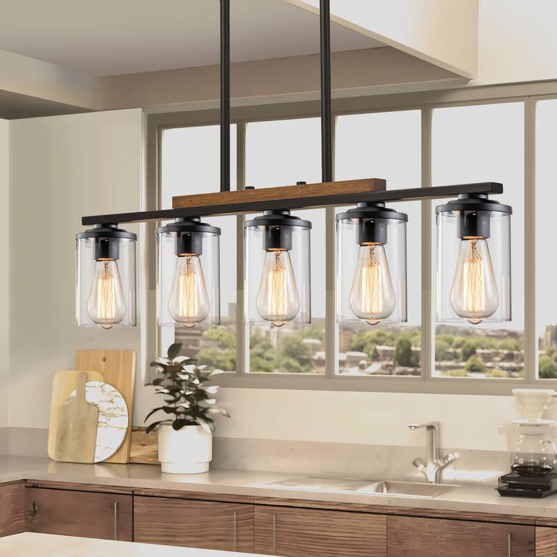 Starsky Modern Farmhouse Chandelier Linear Kitchen Island Light with Cylindrical Glass Shade