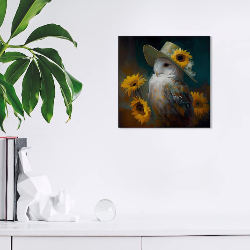 Wynwood Studio Canvas Animals Owl and Sunflowers Farm Yellow and Rustic Wall Art Canvas Print - 12 x 12