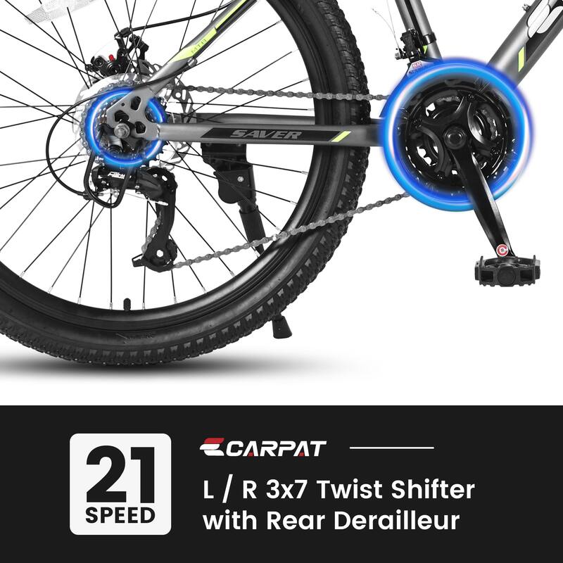 24 Inch Mountain Bike with 21 Speed Dual Disc Brakes, Steel Frame, Suspension Fork for Trail and Urban Riding