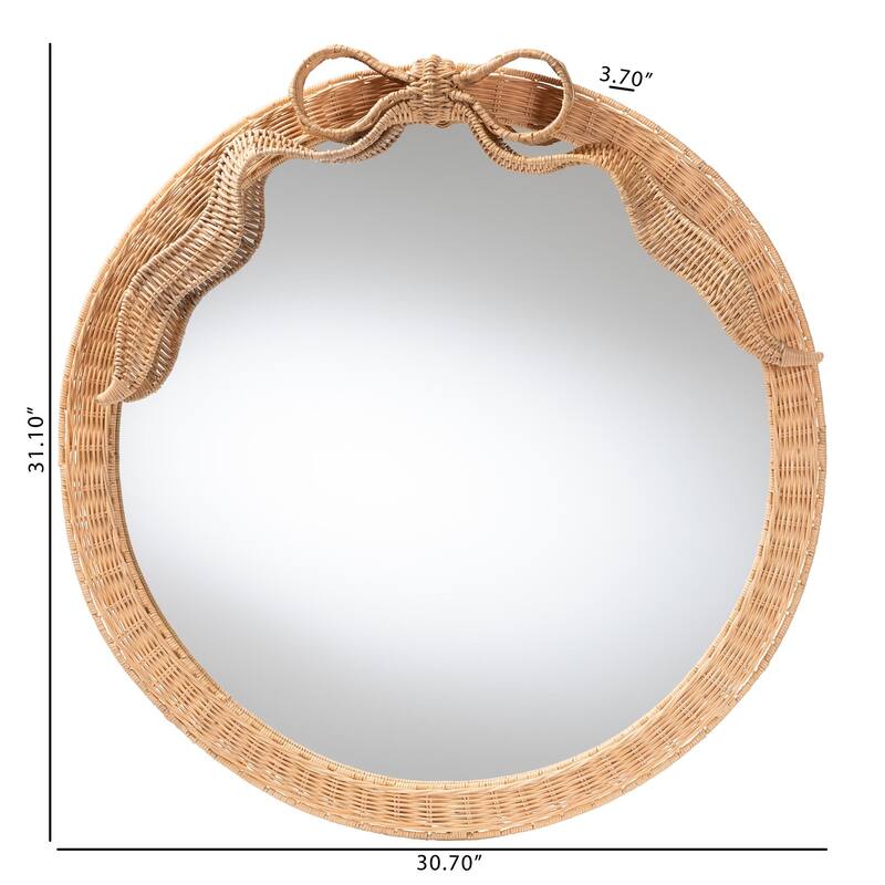 Creusa Natural Rattan Wall Mirror - Handwoven Rattan Mirror with Bow Accent, Boho Coastal Style