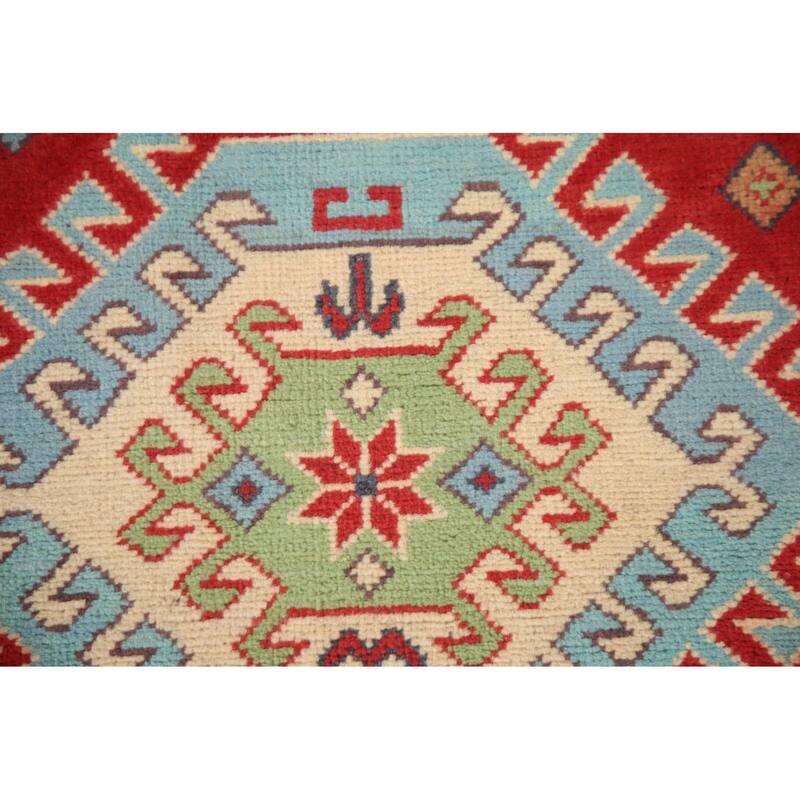 Geometric Red Kazak Rug Hand-Knotted Traditional Bedroom Wool Carpet - 3'4"x 4'10"
