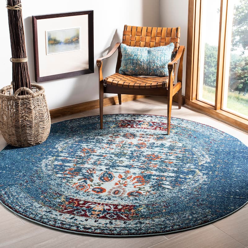 SAFAVIEH Monaco Stojana Boho Rug - 6'7" Round - Blue/Ivory