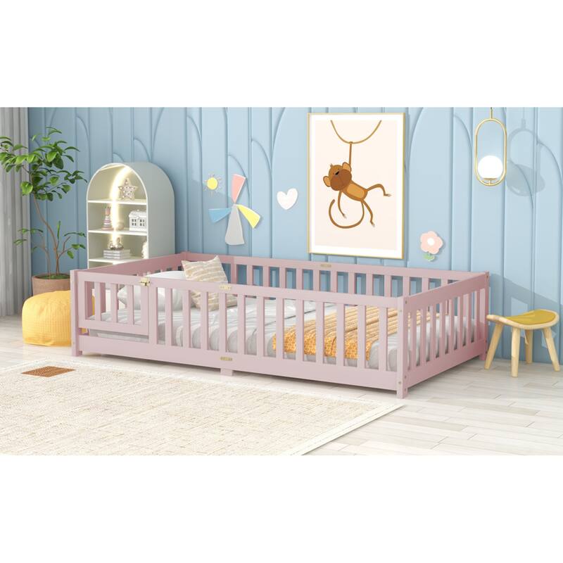 Roomfitters Twin/Full/Queen Rubber Wood Floor Bed with Fence and Swing Door, Safety Guardrails, Low Profile Design