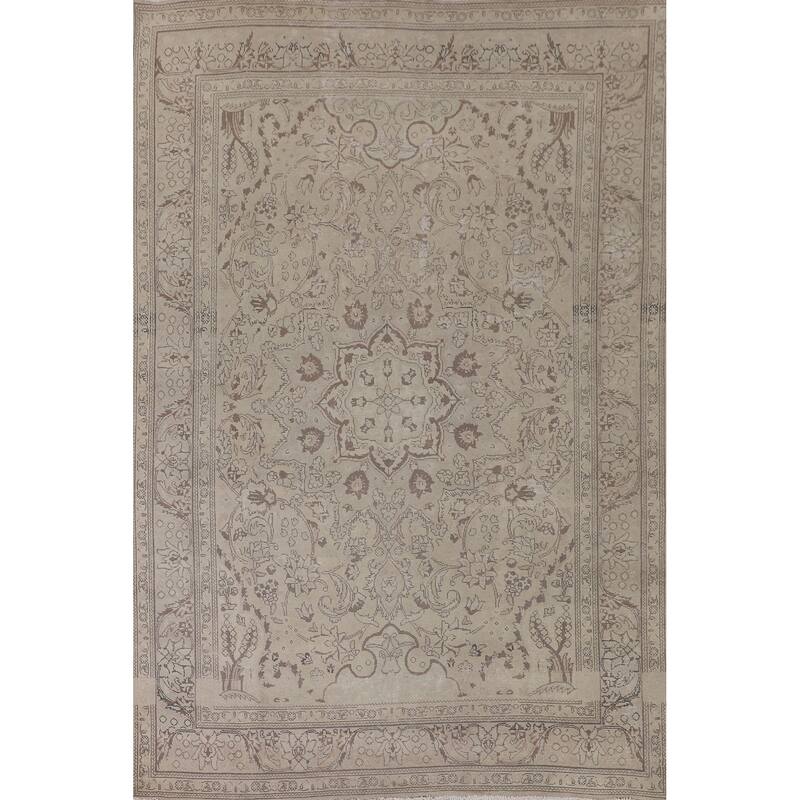 Traditional Tabriz Persian Vintage Rug Hand-Knotted Beige Wool Carpet - 6'6"x 9'7"