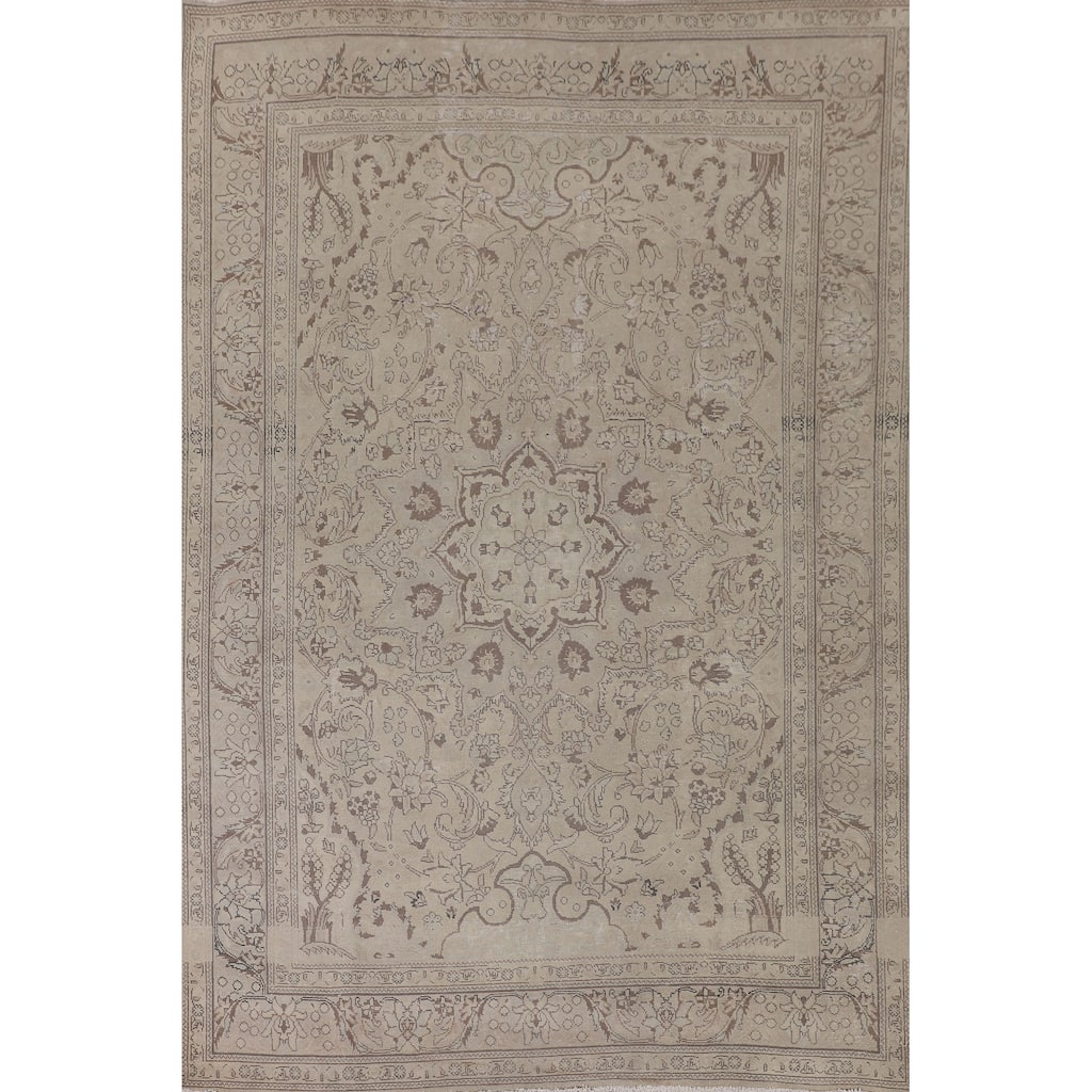 Traditional Tabriz Persian Vintage Rug Hand-Knotted Beige Wool Carpet - 6'6"x 9'7"