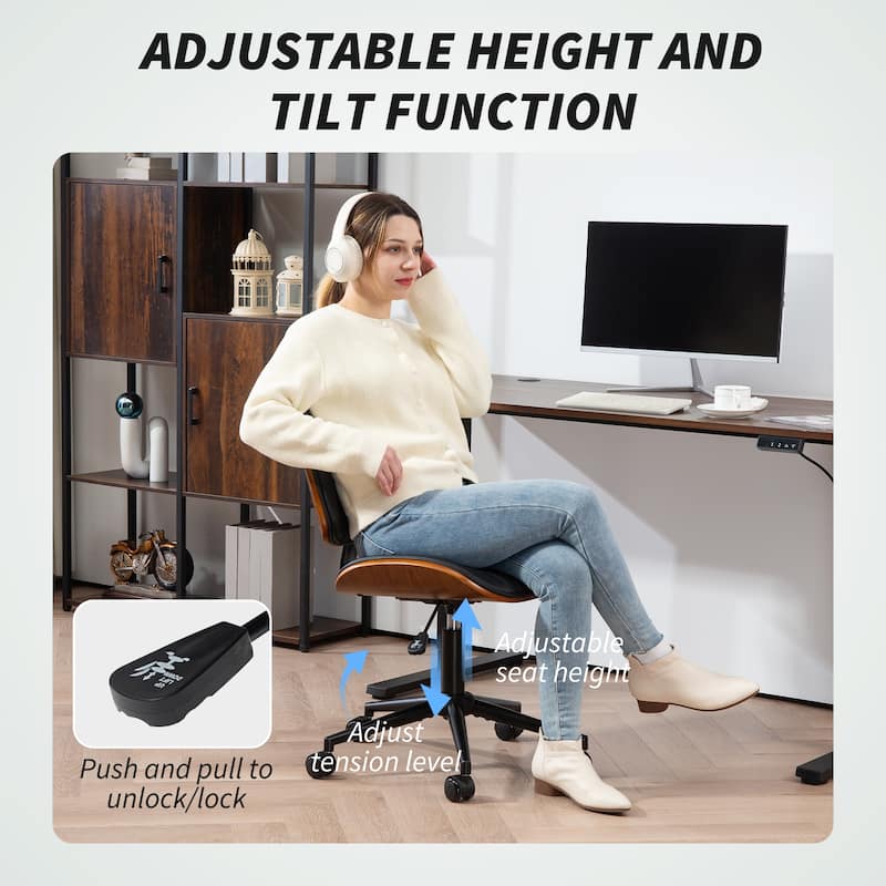 HOMCOM Home Office Chair No Arms with Wheels, PU Leather Mid Back Small Desk Chair with Adjustable Height, 360 Degree Swivel