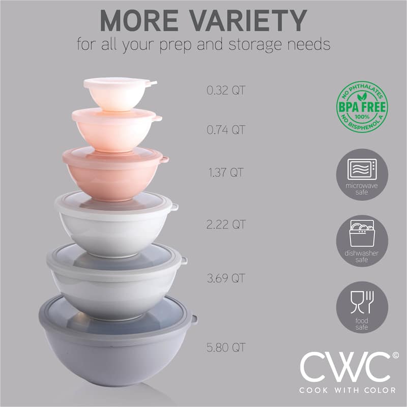 COOK WITH COLOR - 12 Piece Plastic Nesting Bowls - 6 Prep Bowls and 6 Lids, Microwave Safe