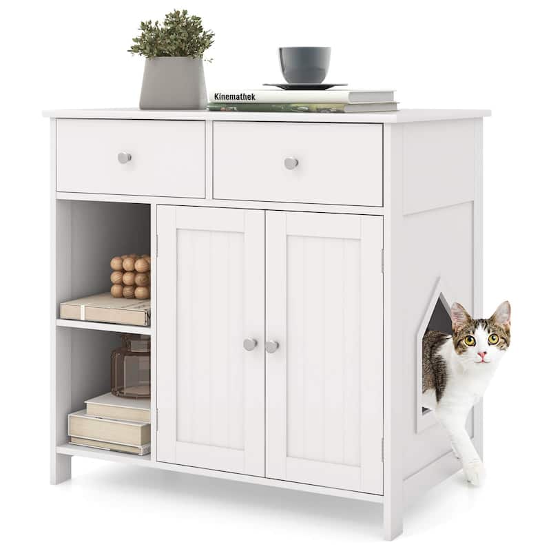 Costway Cat Litter Box Enclosure with 2 Drawers Double Doors Open - See Details - White - See Details