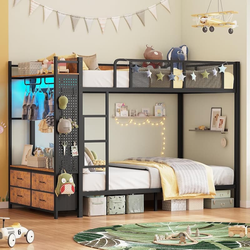 Metal Bunk Bed Twin Over Twin with Hall Tree 4 Storage Drawers - Brown
