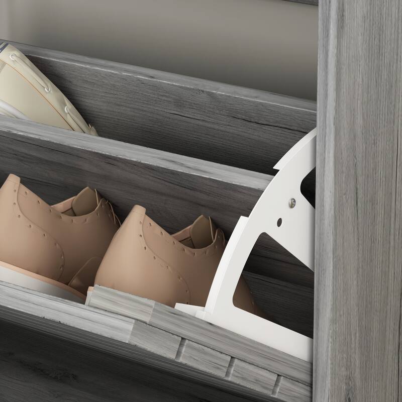 Timechee 8 Pair Shoe Storage Cabinet with 2 Drawers, Grey Louver Door