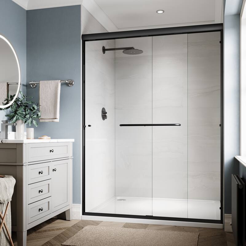 Elegant Double Sliding Shower Door in Matte Black Finish with 1/4 inch Clear Shower Tempered Glass Panel Tub Door