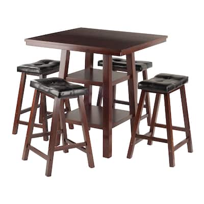 5-Pc High Table with Cushion Seat Counter Stools, Walnut and Black