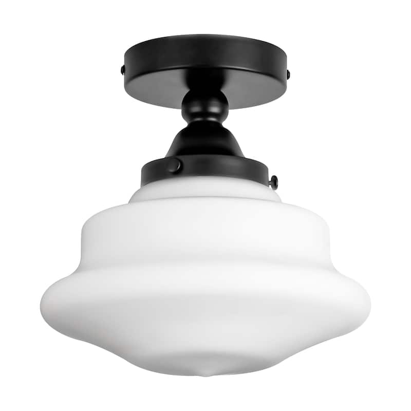 9.5" W Farmhouse Gold/Black Metal Semi-Flush Mount Ceiling Light with Frosted White Glass for Bedroom, Living Room