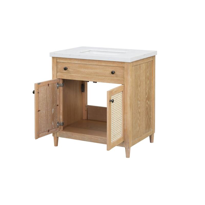 31" Cane Paneled Bathroom Vanity with Engineered Stone Top - 31 L x 22 D x 34 H