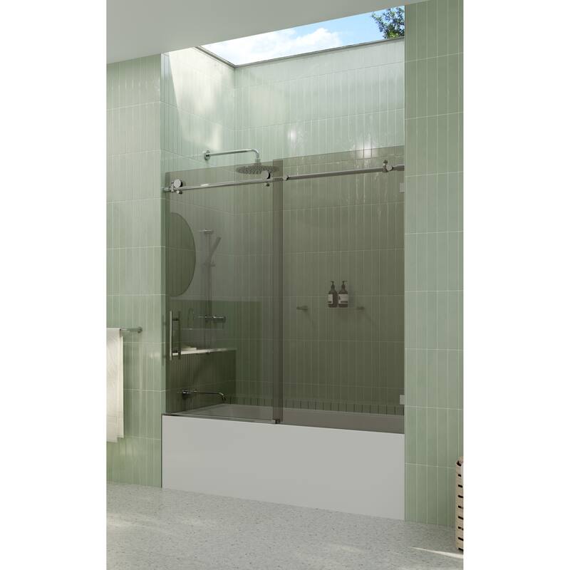 Equinox 60 in. x 60 in. Fully Frameless Glass Bath Slider with Gray Tint