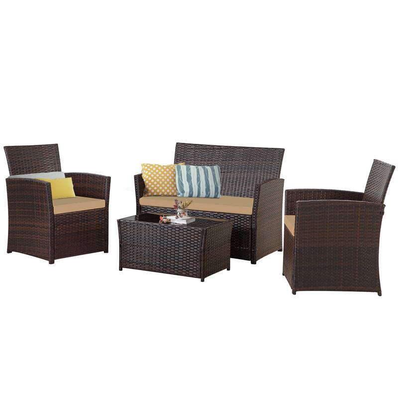 4 PCS Wicker Patio Conversation Set Rattan Seating Sofa Chair