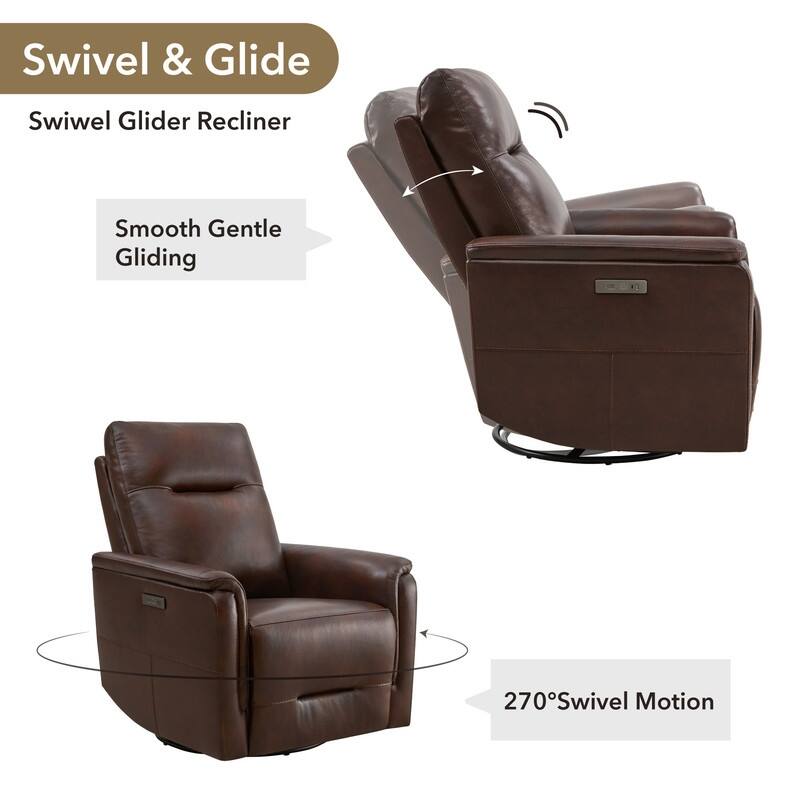 Spruce & Spring Genuine Leather Swivel Glider Recliner with Adjustable Headrest